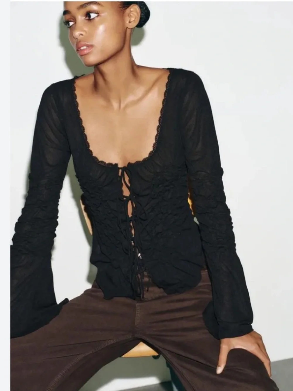 Zara Black Lace-Trim Tie-Front Long Sleeve Top